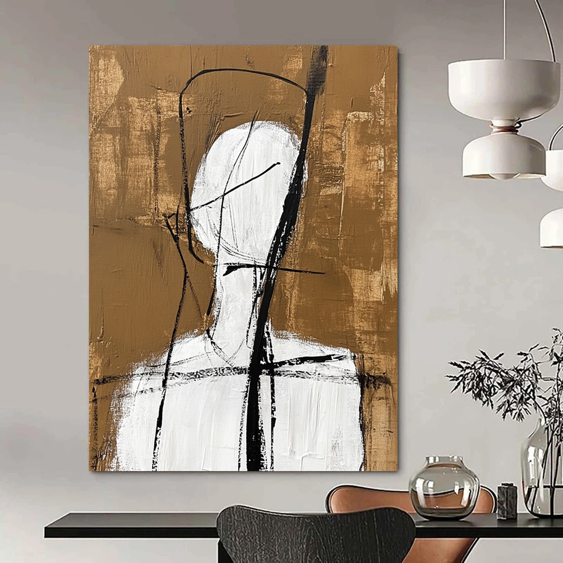Contemporary abstract artwork featuring a simple white figure with black lines and a warm brown background inspired by Jean Cocteau's style. DLZ1463