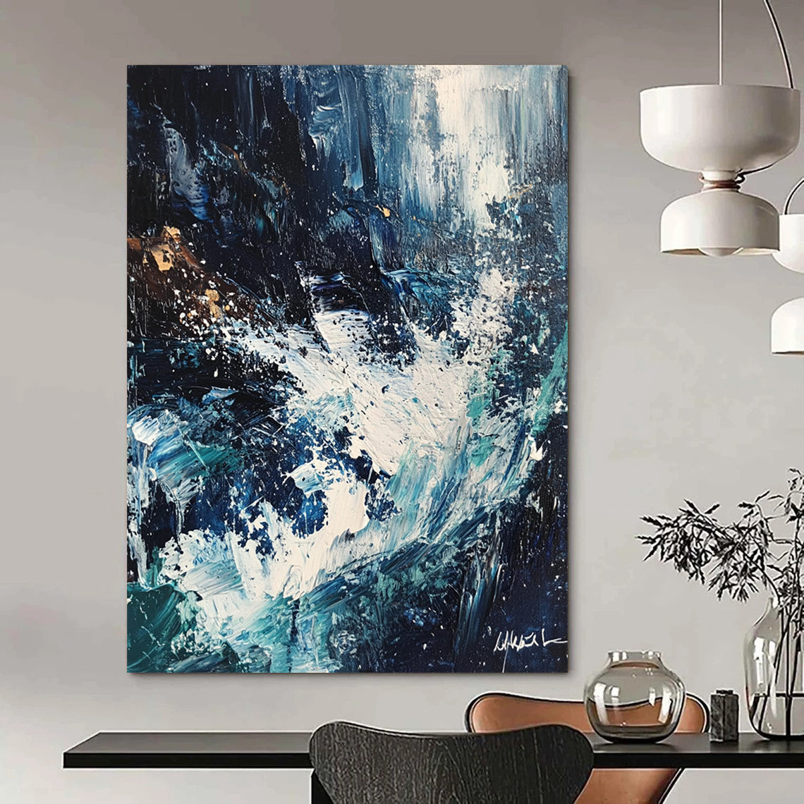 Contemporary abstract painting featuring crashing waves in white and blue hues with dark tones expressive brush strokes and palette knife textures. DLZ0617