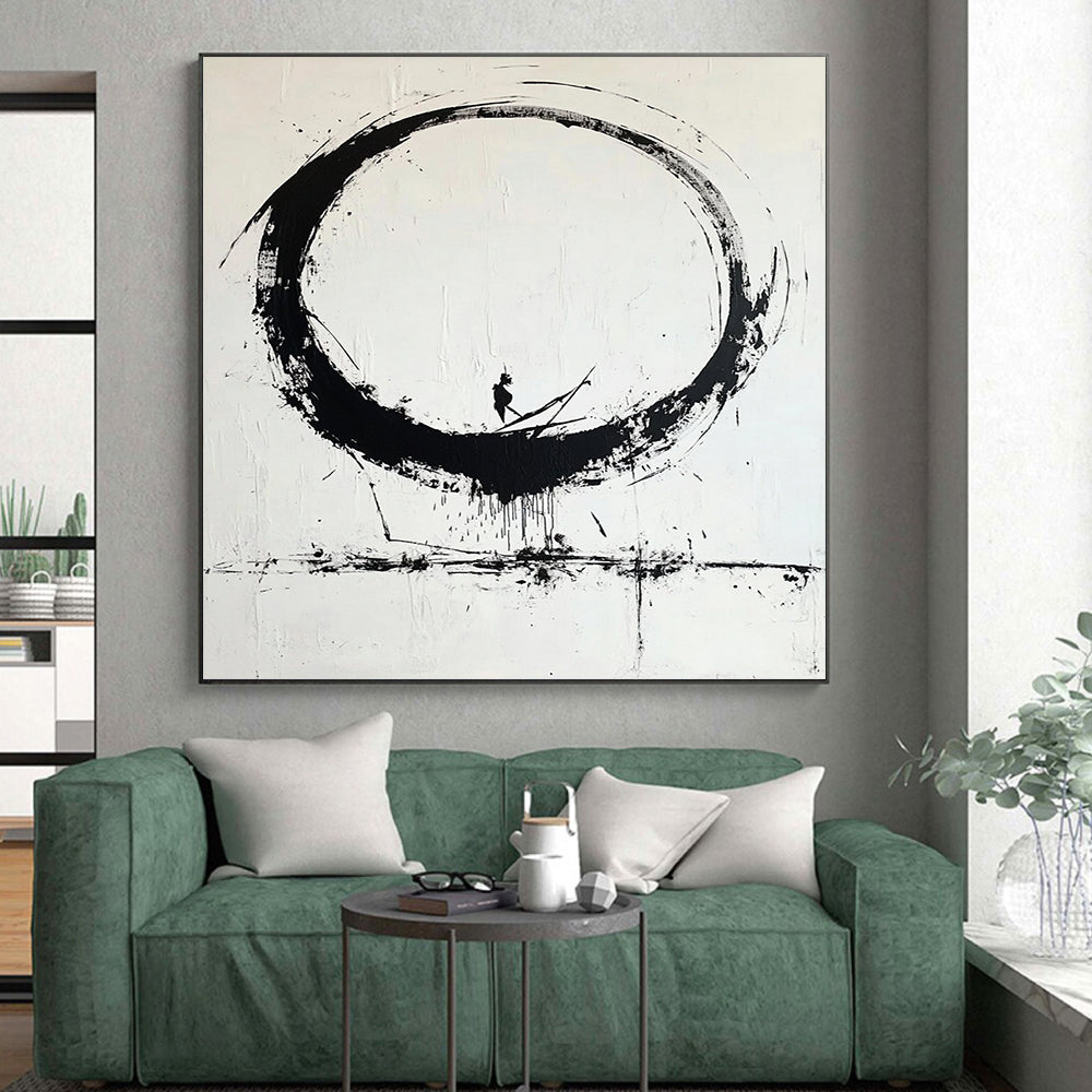 Black Circular Brushstroke with Figure - “Enso Journey” Painting On Canvas HB244