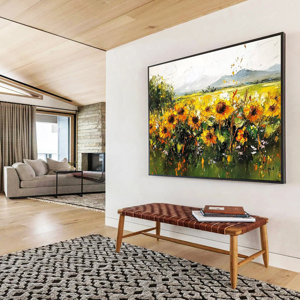 “Sunflower Field Impasto” - Thickly painted sunflowers in gold and green, Impasto Landscape Painting On Canvas HB0542