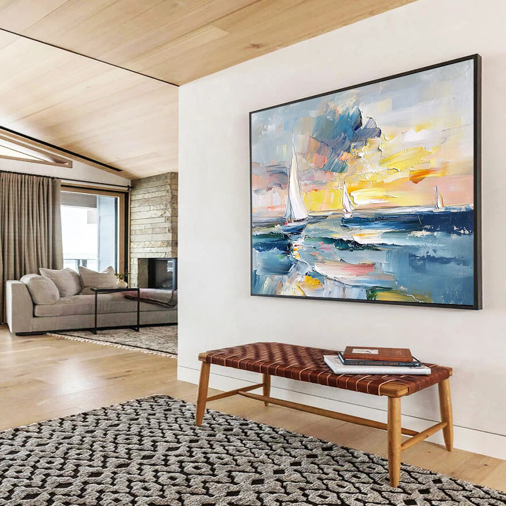 “Colorful Sailboat Sunset” - Blues, Yellows, Oranges, Abstract Sailboat Scene - Impasto Oil Painting HB1722
