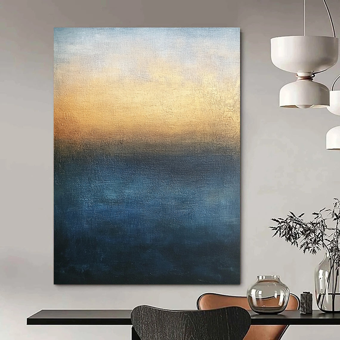 Contemporary large abstract painting with minimalist style in blue and brown tones featuring soft edges gradient sky and tranquil sea for serene atmosphere. DLZ0401