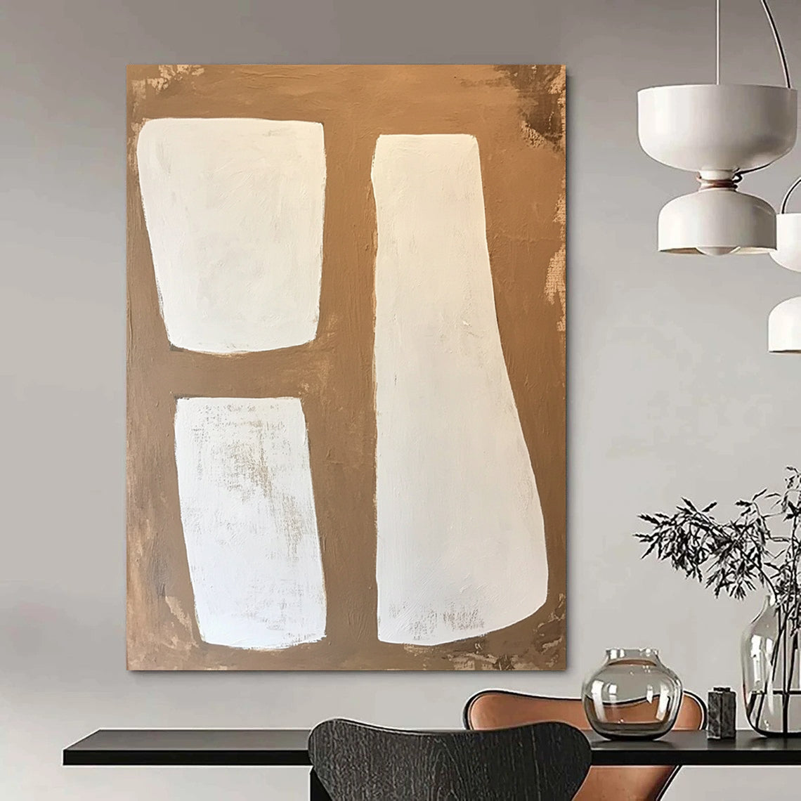Contemporary large-scale abstract painting features soft edges with a minimalist style in brown and white tones showcasing visible brush strokes on wood panel. DLZ1749