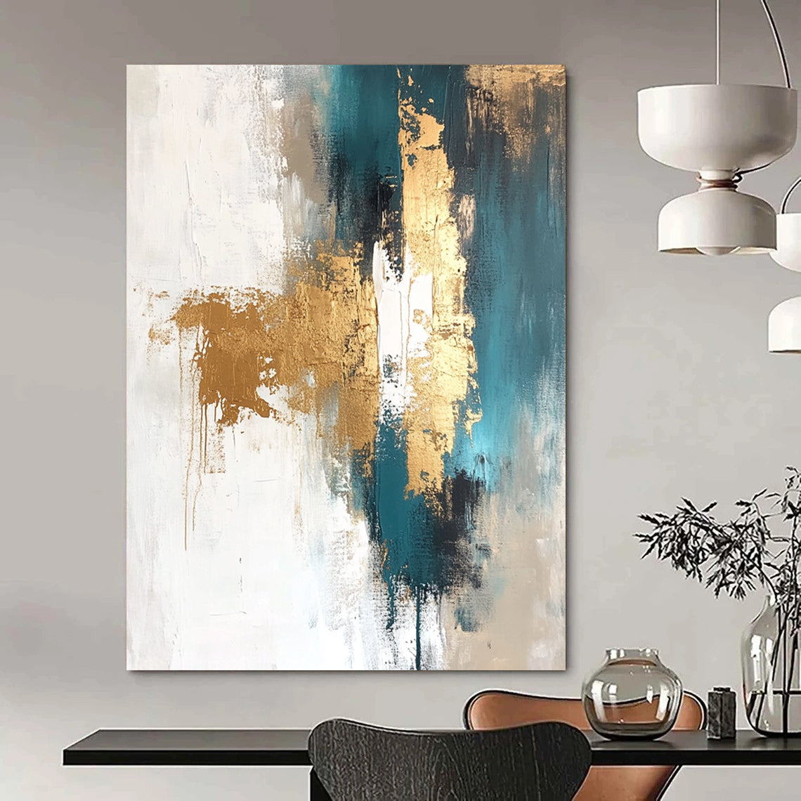 Contemporary hand-painted abstract artwork featuring gold leaf with white teal beige and brown tones and elegant gold foil accents. DLZ0743