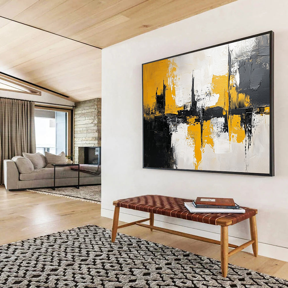 “Yellow - Black Urban Abstract Reflection” - Yellow, Black, Gray, White, Reflective Cityscape Painting On Canvas HB0813