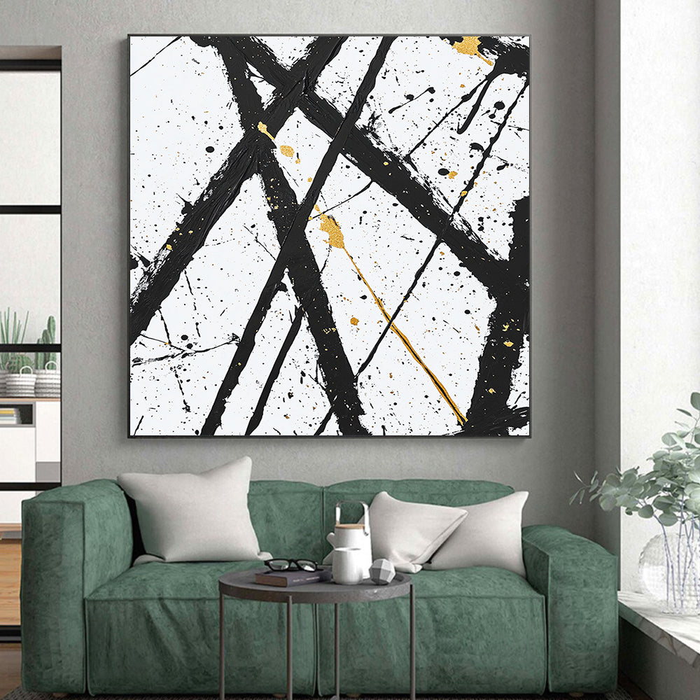 Black, White, Gold, Crossed Lines "Golden Intersection" Abstract Expressionist Painting On Canvas HB048