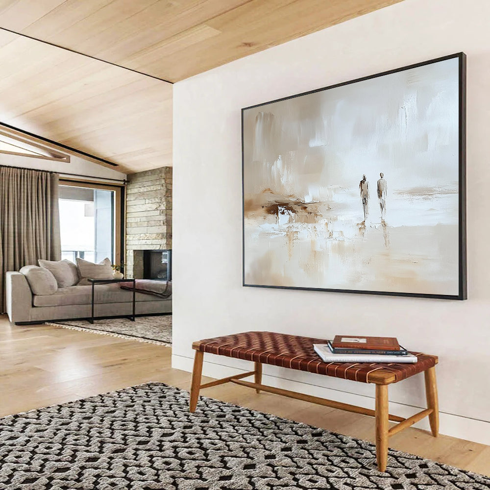 “Beach Stroll in Neutral Tones” - Beige, white, brown; Two figures walking on an abstract beach; Impasto Oil Painting On Canvas HB1196