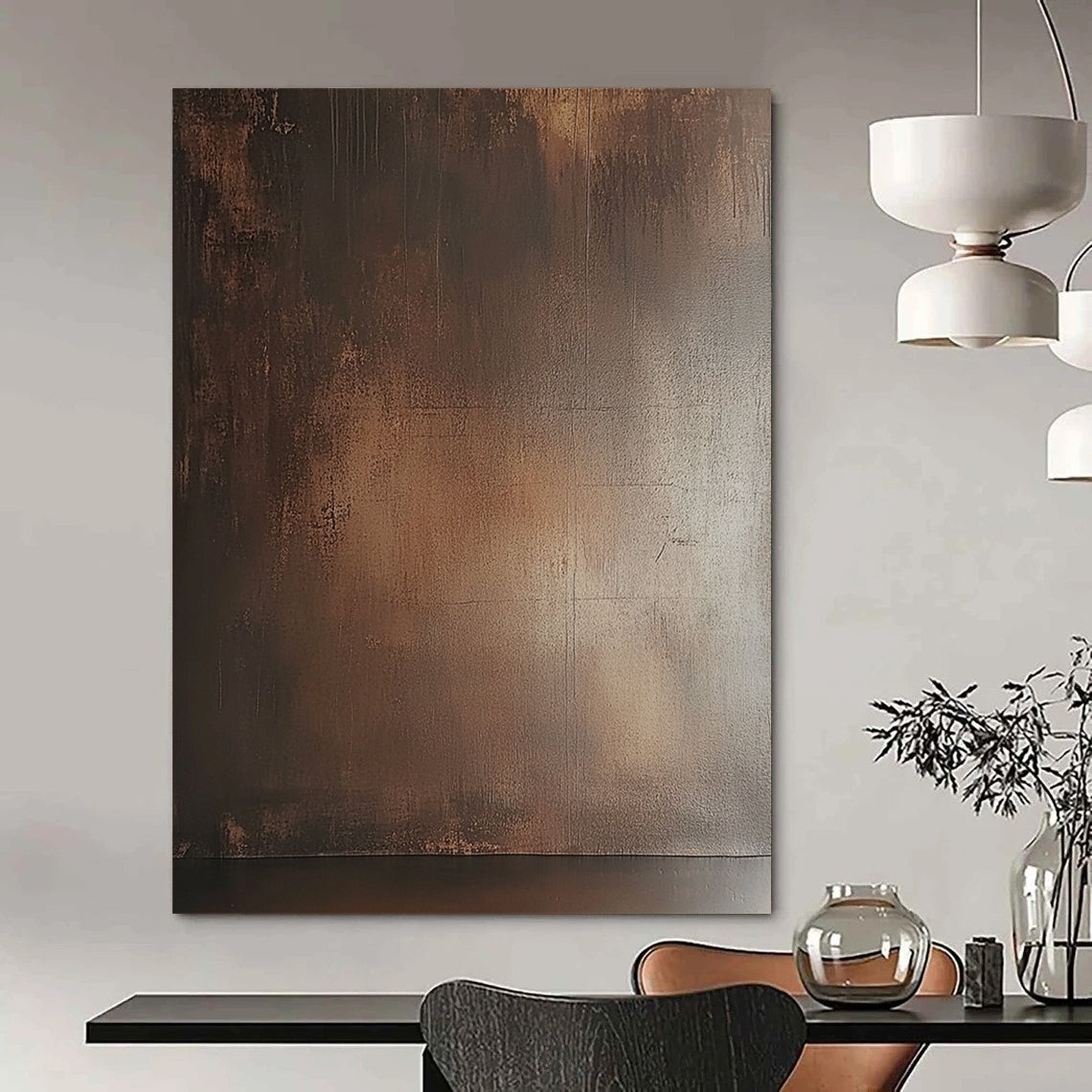 Contemporary abstract painting featuring a textured brown wall with subtle sheen and earthy tones enhancing a moody atmosphere. DLZ1690