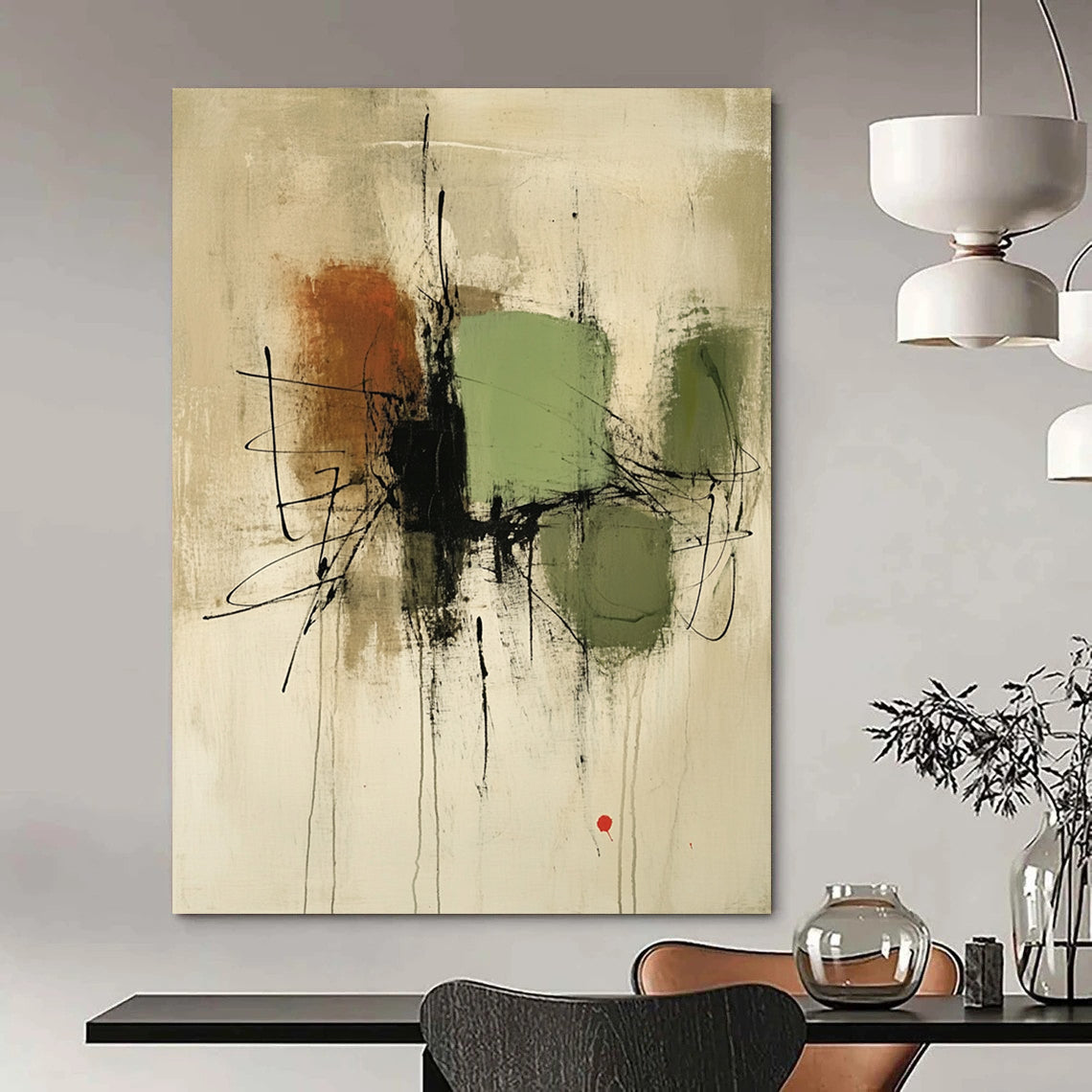 Large contemporary hand-painted abstract artwork featuring green and brown shapes on a beige background with black lines and a small red accent. DLZ1333