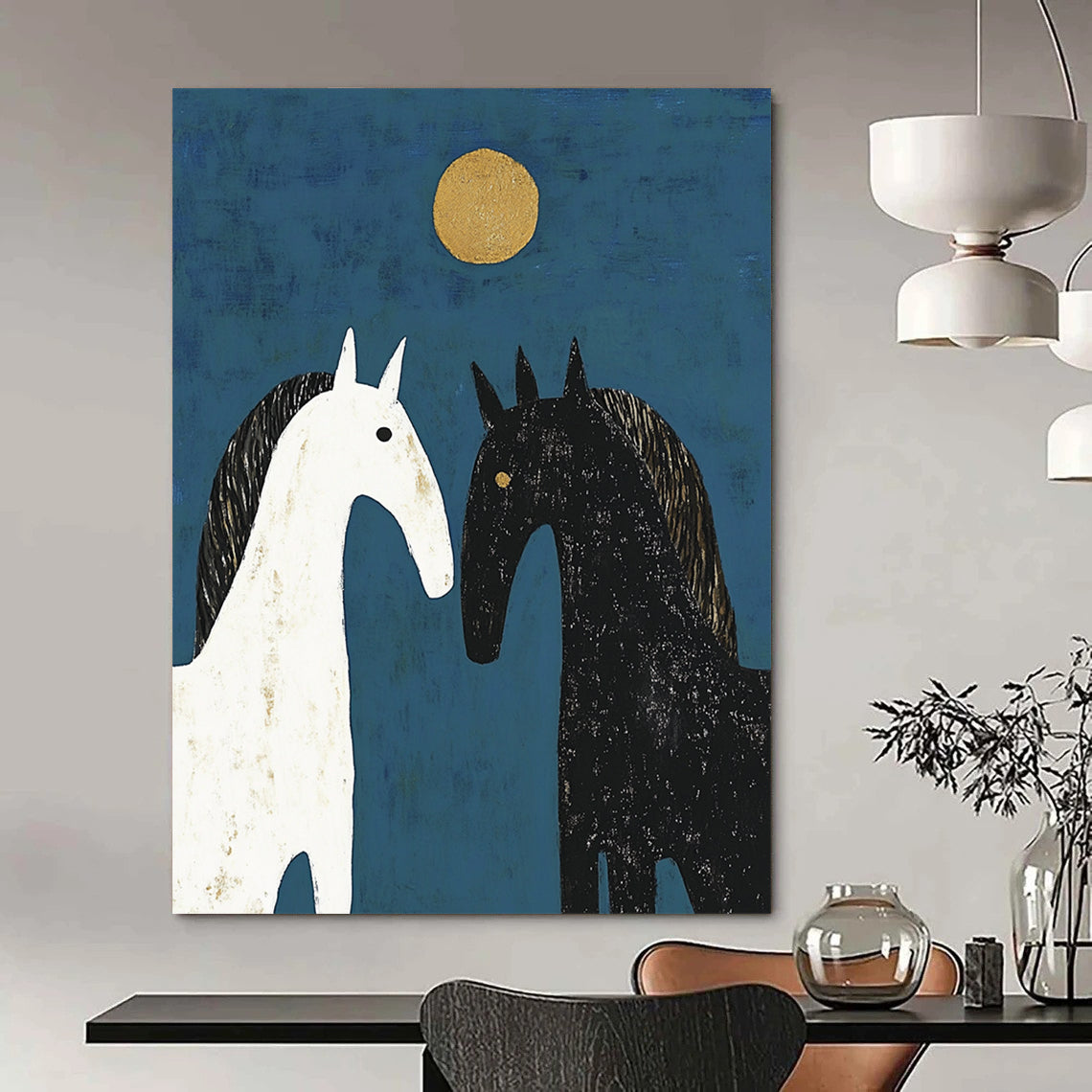 Contemporary abstract artwork featuring three horses in a symmetrical design with soft edges and delicate brushstrokes against a deep blue background. DLZ1714