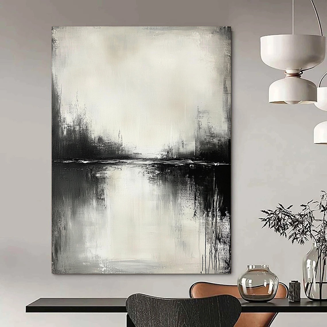 Contemporary abstract painting in black and white with serene water reflections and neutral tones, crafted using oil paint for a tranquil atmosphere. DLZ0399