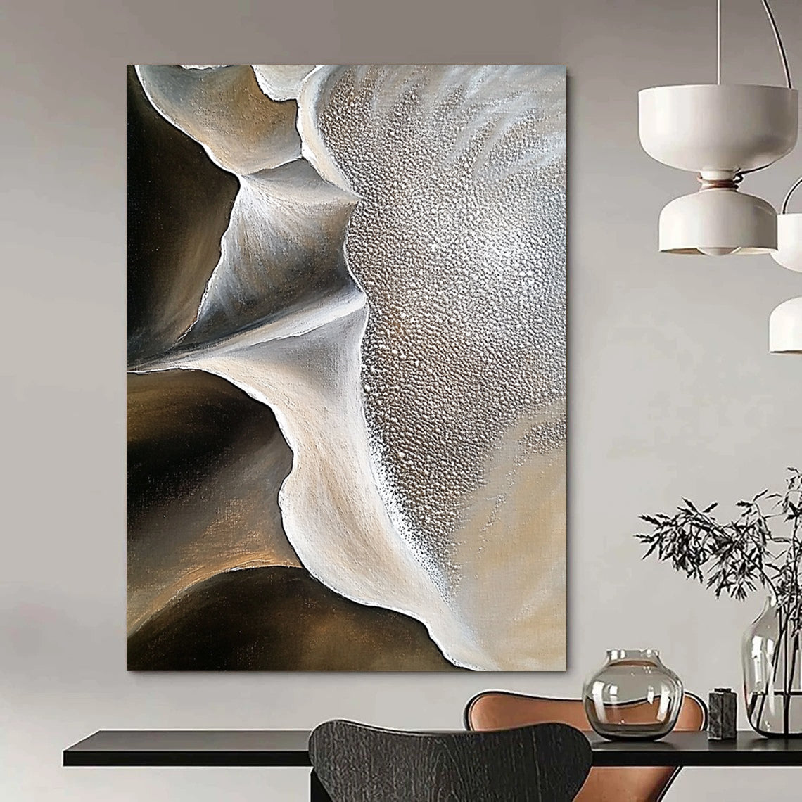 Large contemporary abstract artwork showcasing intricate sand dune patterns and contrasting rock formations with rich oil paint texture and minimalistic desert depth. DLZ1181