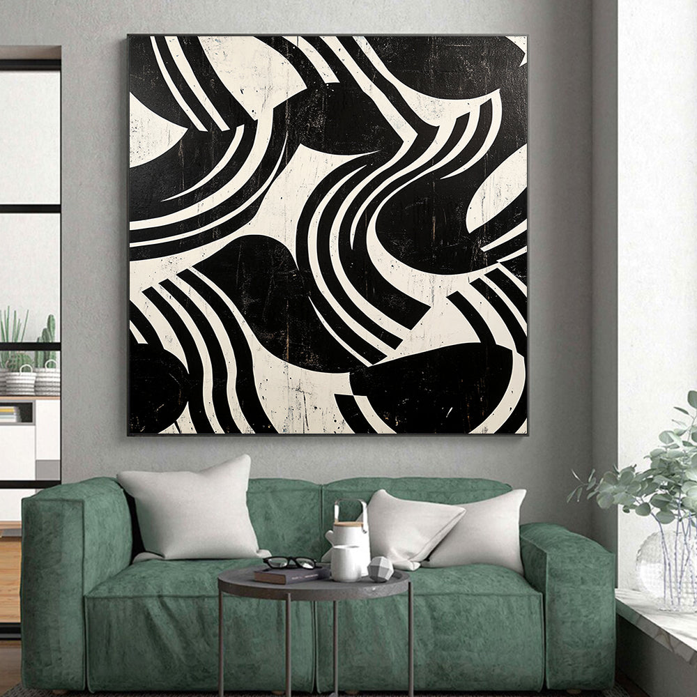 Black and White Curved Stripes "Dynamic Rhythm" Painting On Canvas HB271