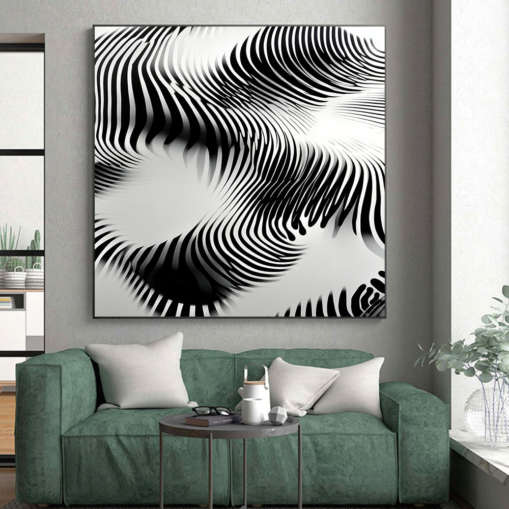 Black and White Wavy Lines "Optical Flow" Painting On Canvas HB263