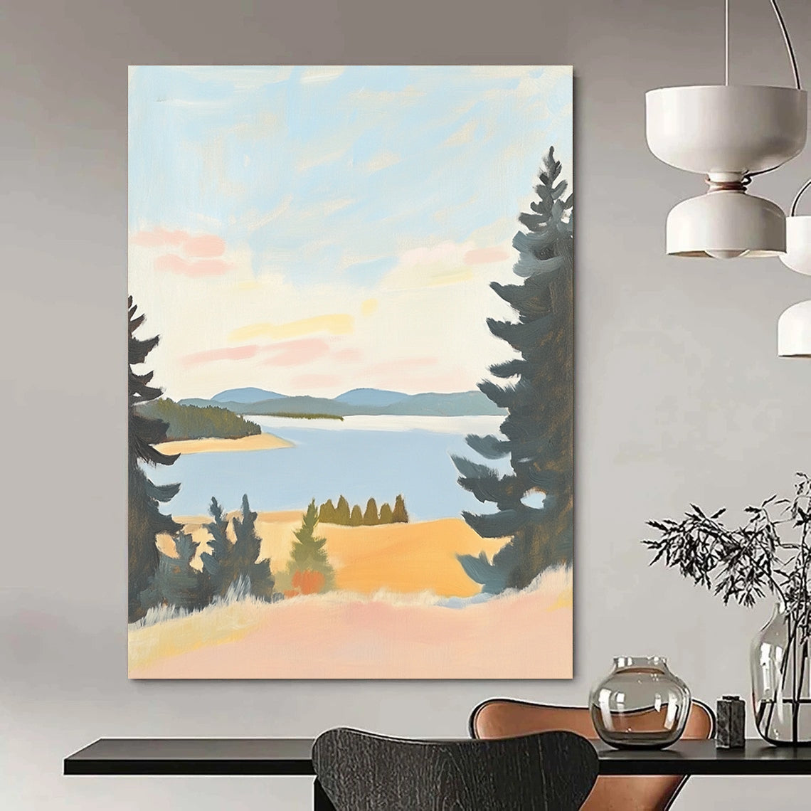 Contemporary minimalist landscape art featuring muted pastels of Lake St. Paul in Oregon on antique white paper, evoking serene beauty and tranquil views. DLZ1575