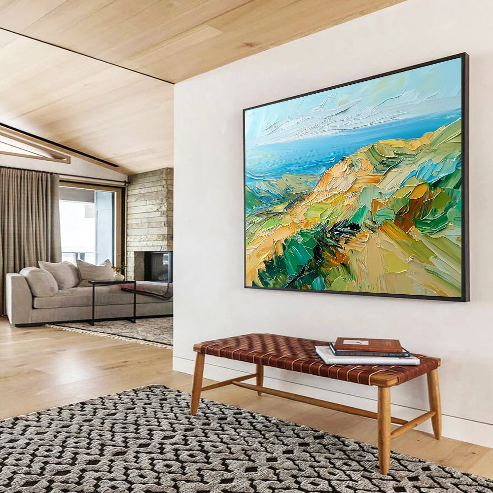 “Impasto Coastal Cliffs” - Green, Blue, Yellow, Textured Cliffs and Ocean View Painting On Canvas HB0925