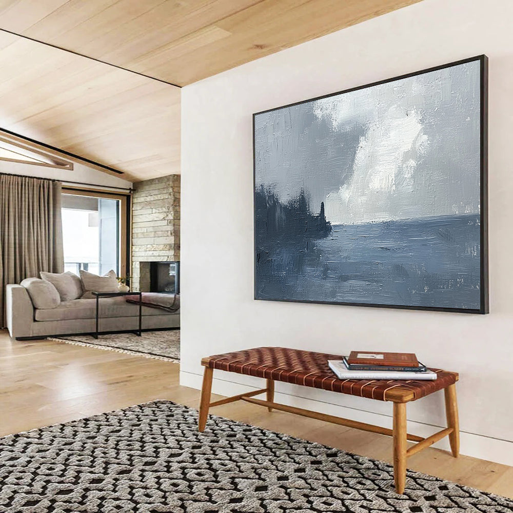 “Coastal Mist” - Muted grays, whites, deep blues; Stormy sky, sea, dark coastline; Atmospheric Seascape Painting On Canvas HB1148