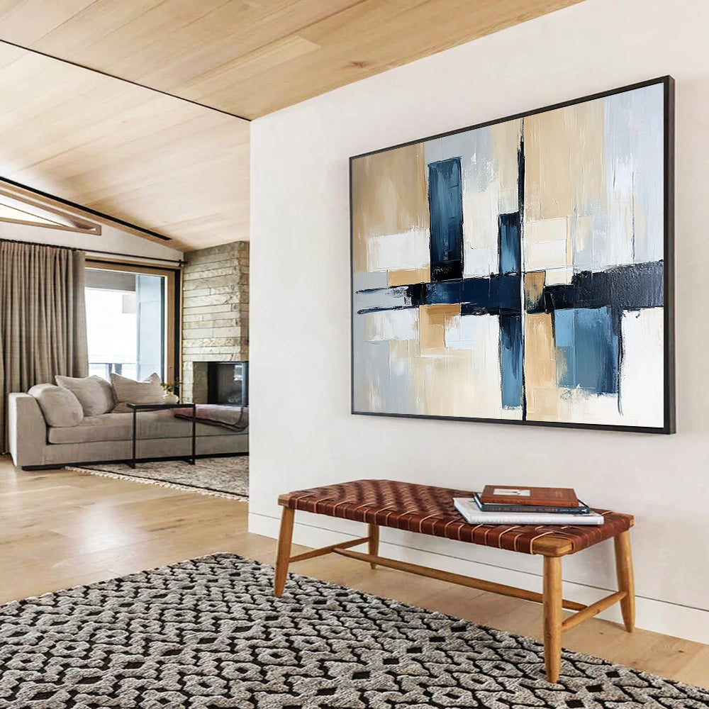 “Blue and Beige Geometric Abstract” - Blue, beige, gray, white; Geometric abstract with a cross design; Acrylic Painting On Canvas HB1262