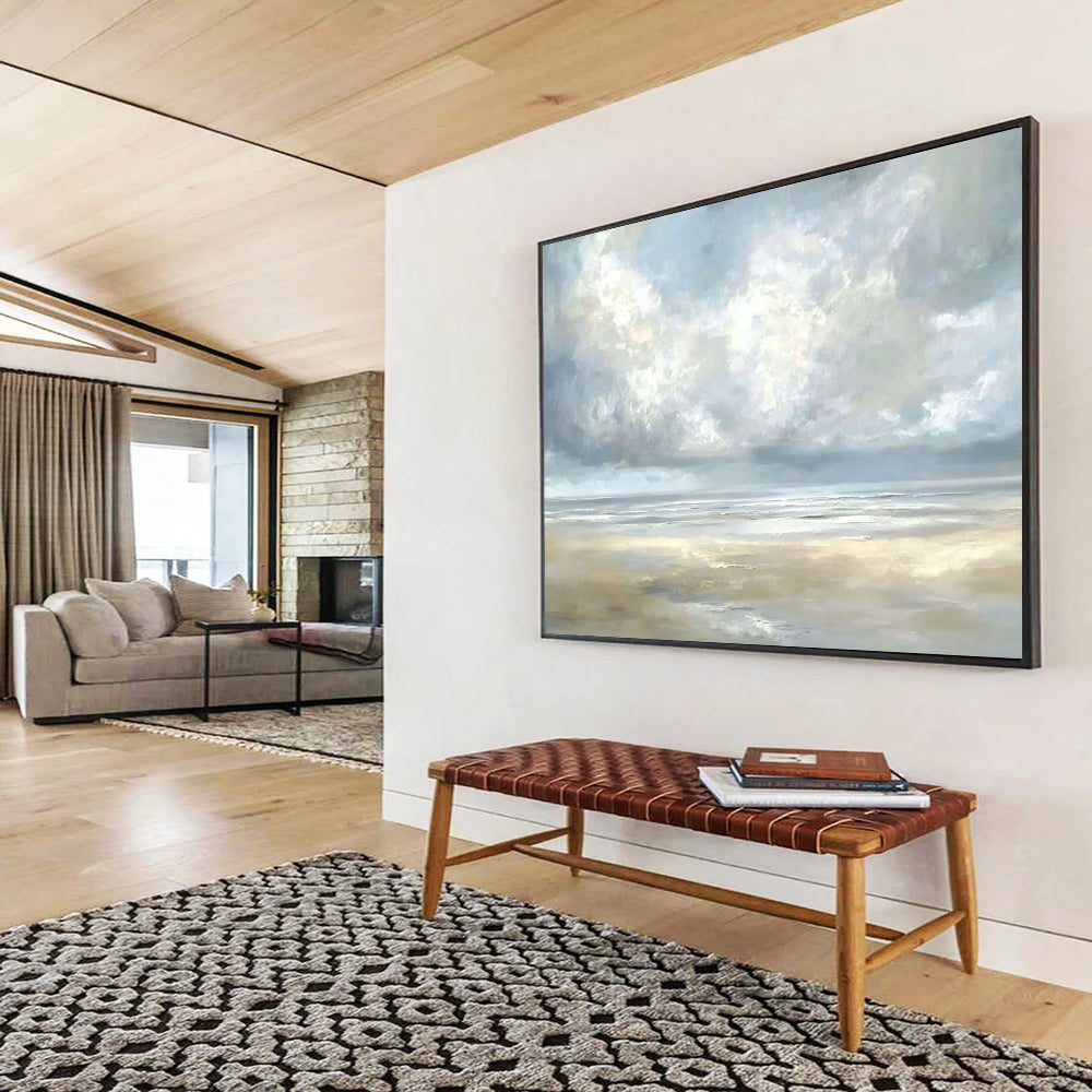 “Misty Coastal Calm” - Gray, Blue, Beige, Tranquil Seaside Clouds Painting On Canvas HB1027