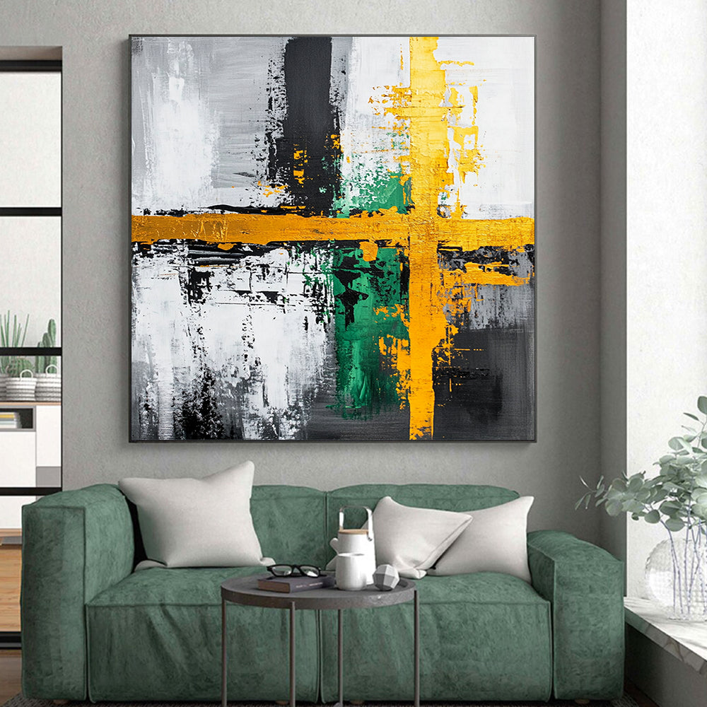 Gray, Black, Gold, Green and White Abstract Cross "Vibrant Crossroads" Painting On Canvas HB350