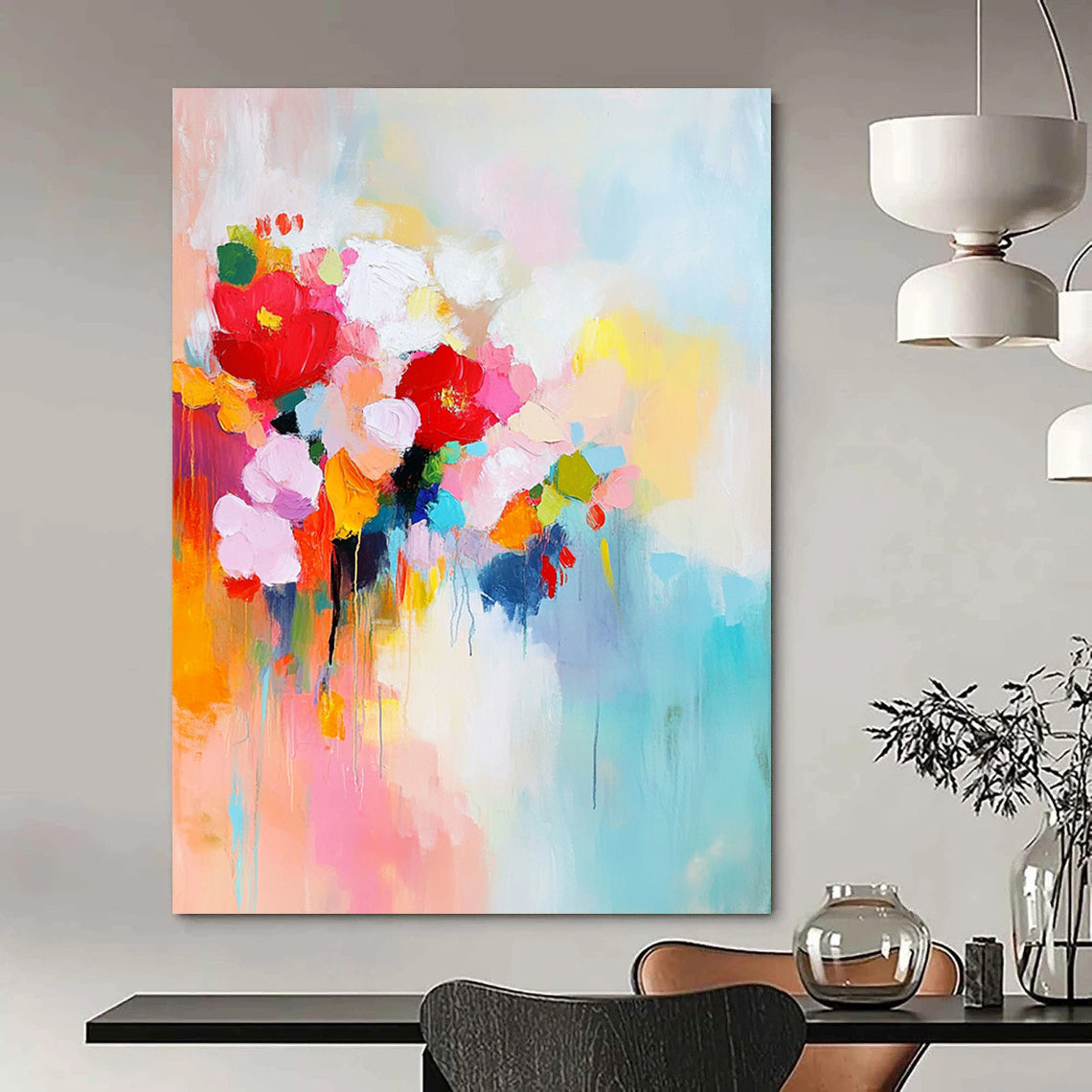 Contemporary abstract painting featuring vibrant colors large brush strokes and serene elements conveying a sense of harmony and joy with a central space for text. DLZ0733