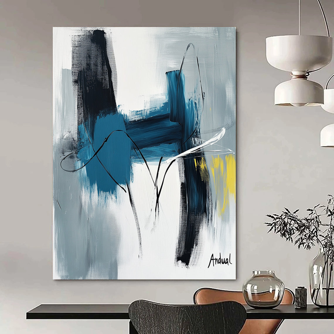 Contemporary abstract art showcasing "Andual" with bold strokes in blue and white on neutral canvas featuring black lines and hints of yellow or gray. DLZ0866