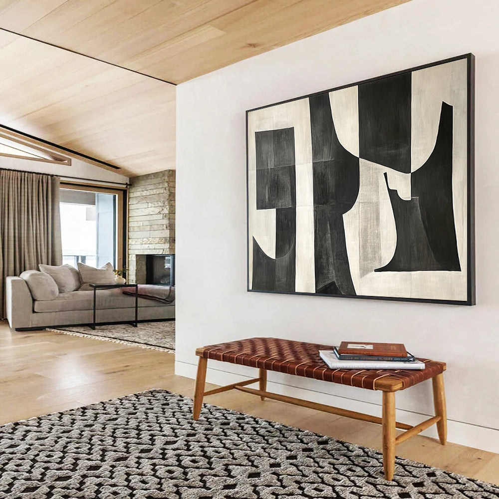 Black and White Geometric Abstract "Bold Shapes" Painting On Canvas HB0659
