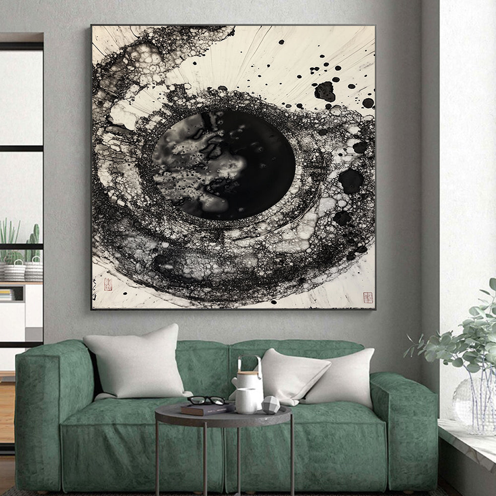 Black & White Bubbly Circular Ink - “Ethereal Ink Bubble” Painting On Canvas HB223