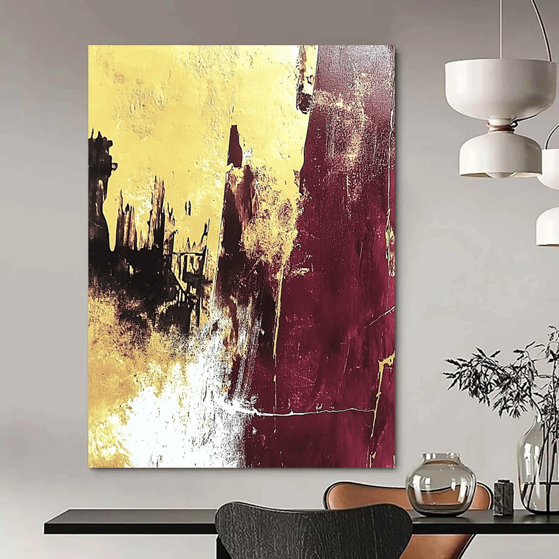 Large contemporary hand-painted abstract artwork featuring yellow and burgundy colors with white texture and gold leaf, capturing ruins in a high-contrast detailed style. DLZ1527