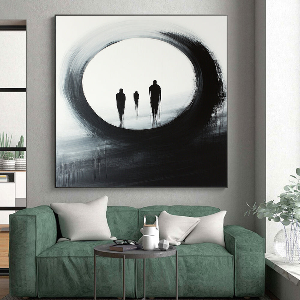 Black, White, Gray, Silhouetted Figures "Gilded Void" Abstract Surrealist Painting On Canvas HB145