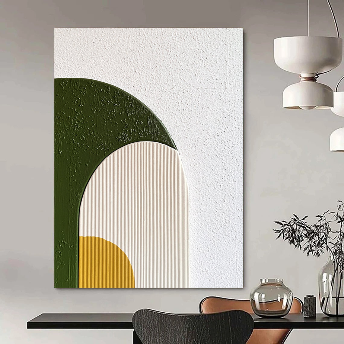 Contemporary hand-painted abstract wall art features organic shapes in green and yellow on a textured background with soft gradients and minimalist design. DLZ1235