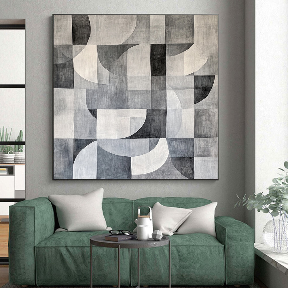 Gray, Black and White Geometric Circles and Squares "Monochrome Harmony" Painting On Canvas HB370