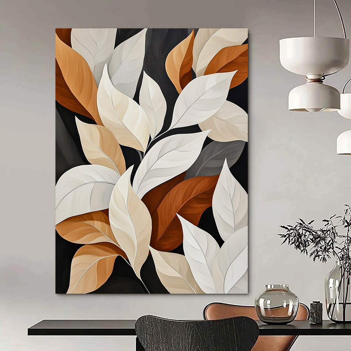 Contemporary abstract painting featuring white and beige leaves with brown edges on dark backgrounds showcasing varied sizes shapes and angles in a muted color palette. DLZ1425