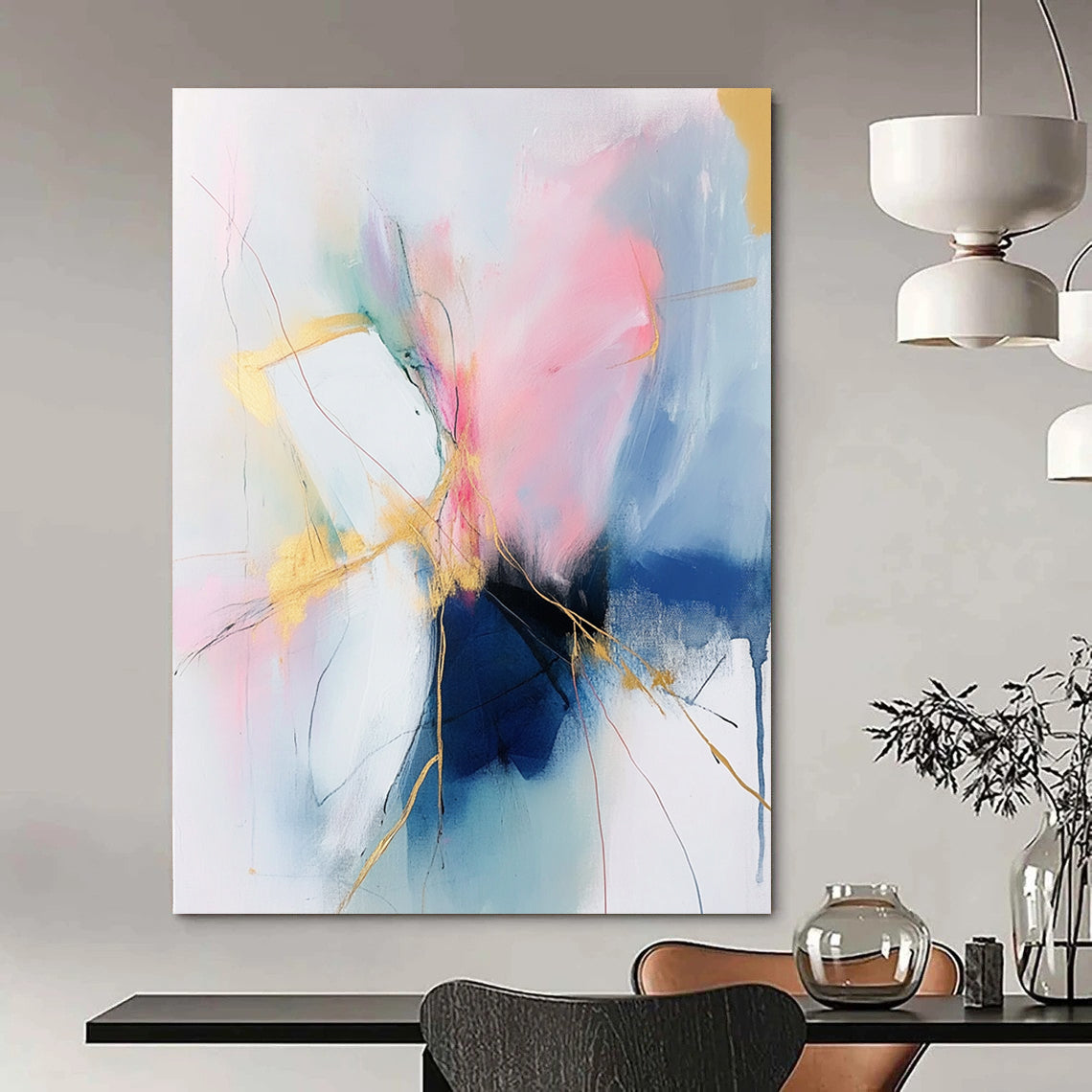 Large contemporary hand-painted abstract art featuring soft pink and blue tones with gold accents on a white background, creating an atmospheric and fluid composition. DLZ0806