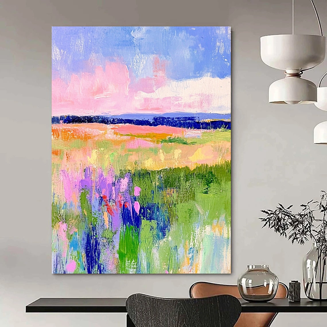 Vibrant contemporary hand-painted abstract artwork featuring pastel fields of green and pink with dreamy skies in blue and purple tones. DLZ1284