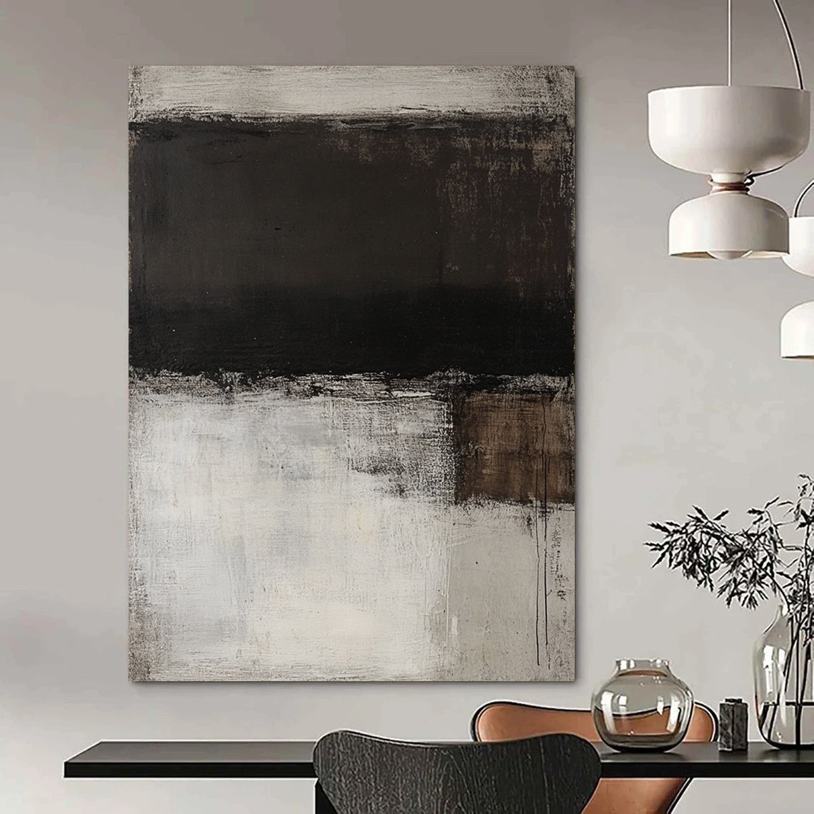 Contemporary hand-painted abstract art featuring a monochromatic white and grey palette with dark brown stripes and rich textured brush strokes on wood panel. DLZ1079