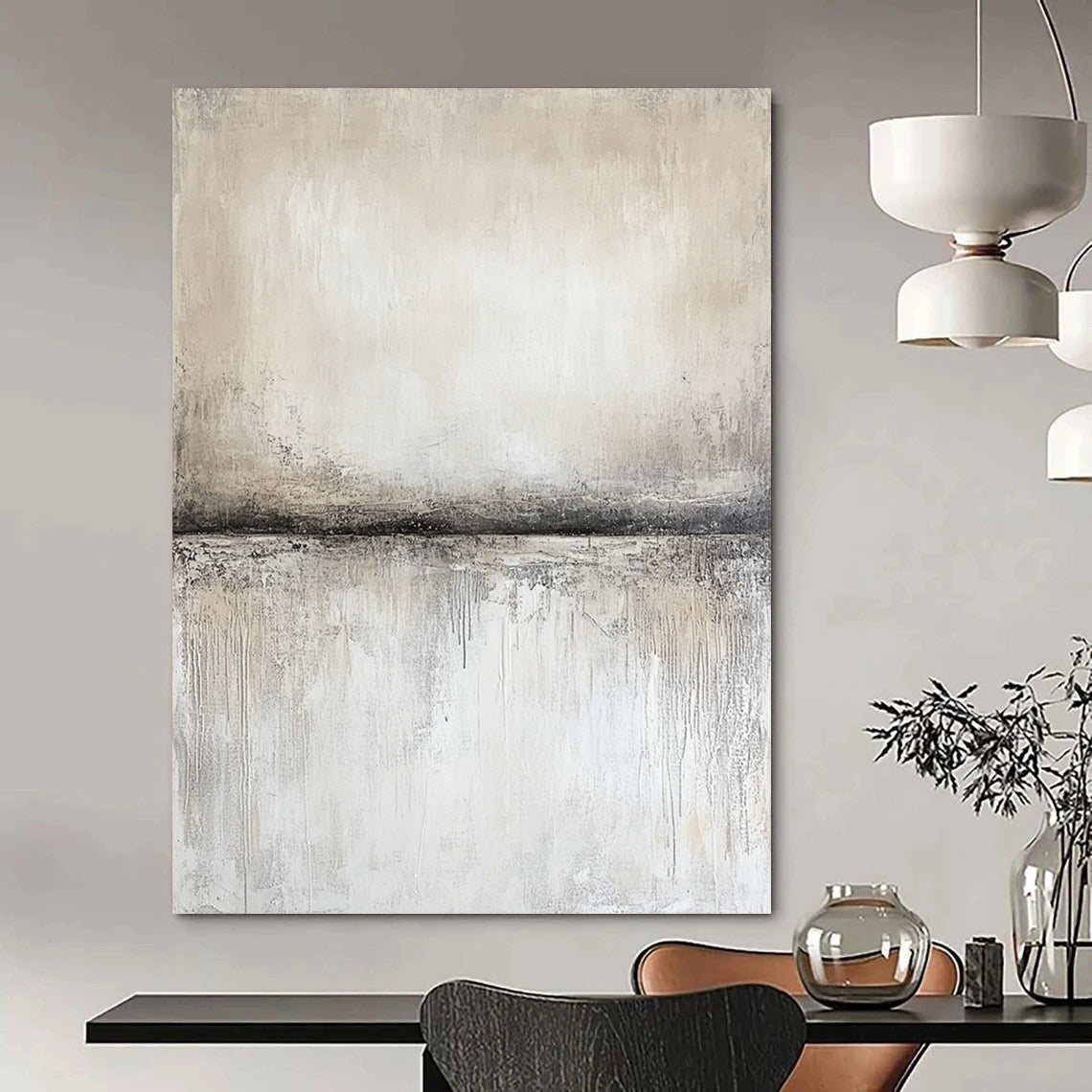 Contemporary abstract artwork features textured canvas in neutral gray and beige, with soft gradients and a central empty space showcasing subtle movement and light. DLZ0877