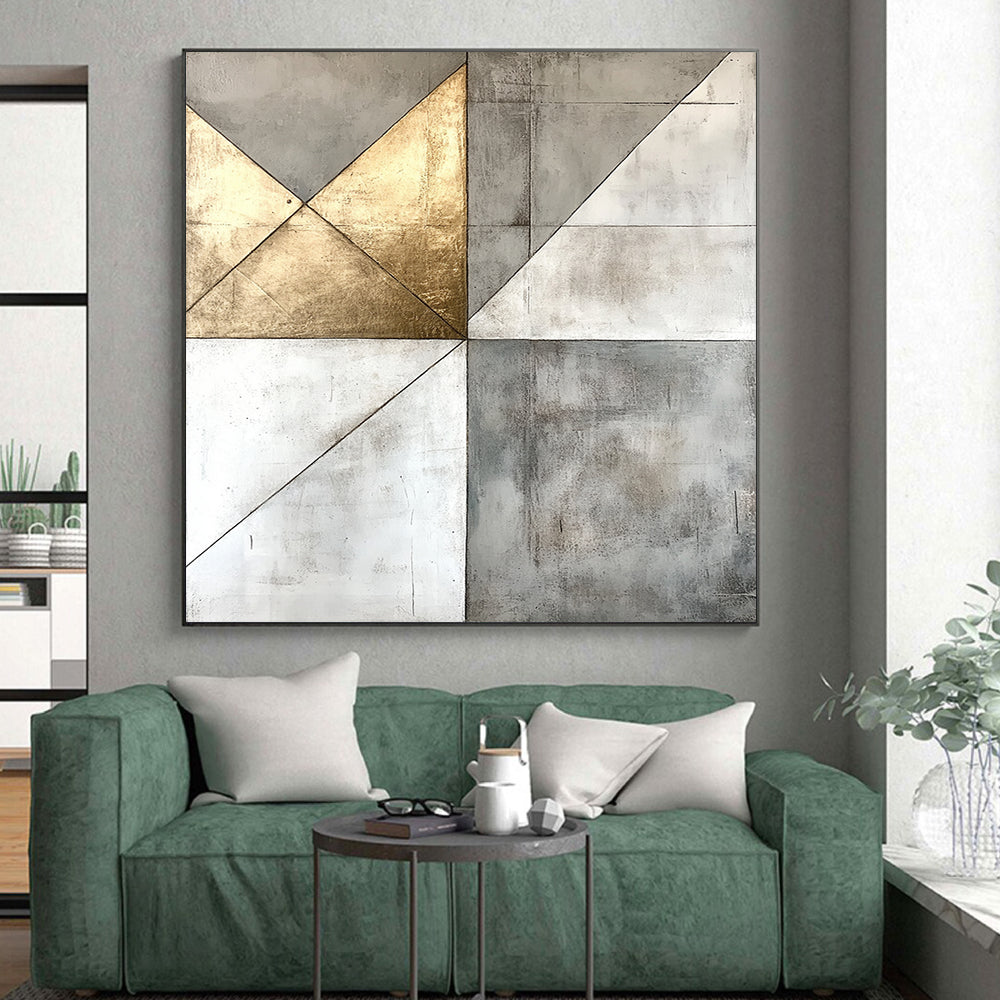 Gray, White, Gold, Geometric Triangles "Gilded Pyramid" Abstract Minimalist Painting On Canvas HB141
