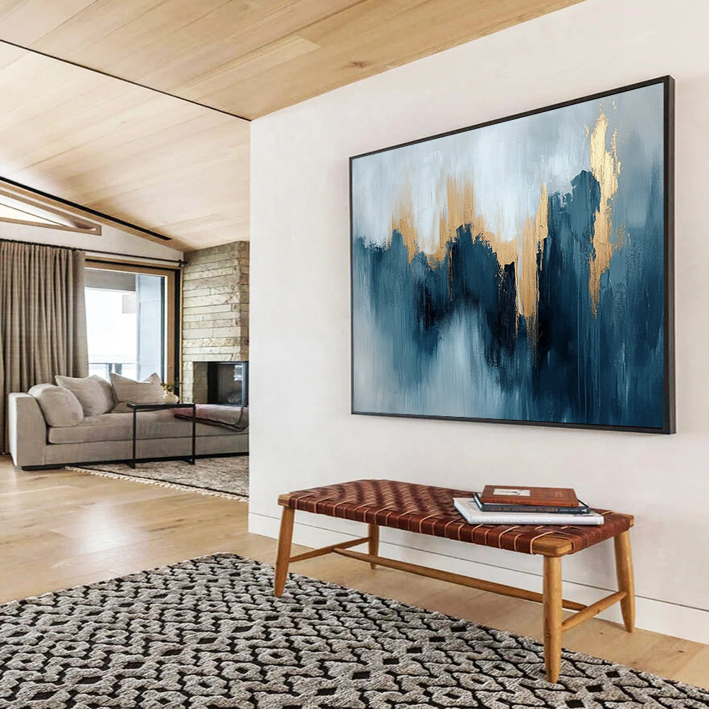 “Teal - Gray Abstract with Gold Peaks” - Teal, Gray, Gold, Mountain - Like Shapes Painting On Canvas HB0827
