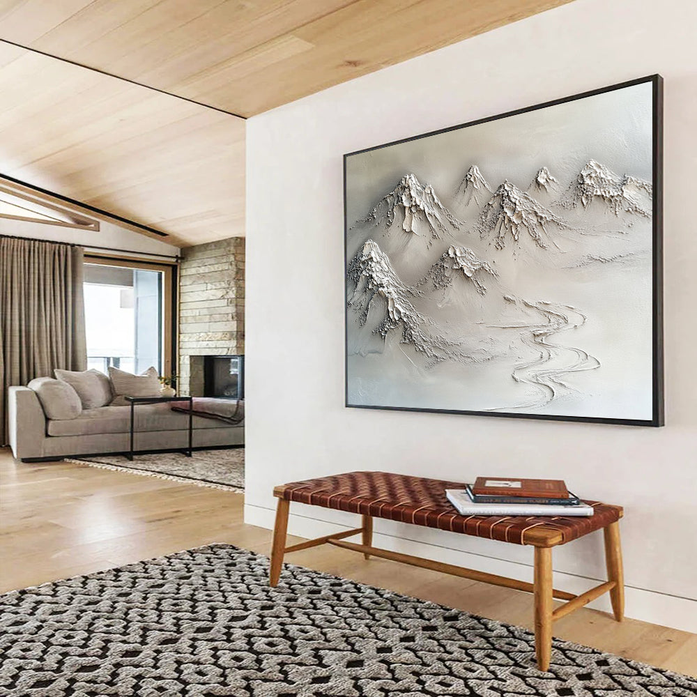 “Textured Mountain Range” - Neutral Grays, Beiges, Textured Mountain Landscape - 3D Relief Sculpture Painting HB1751