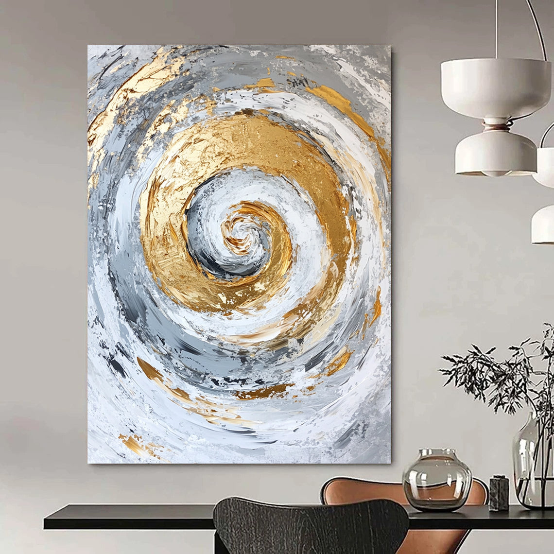 Contemporary hand-painted abstract artwork featuring a spiral design with gold accents on a textured white and grey background. DLZ0807