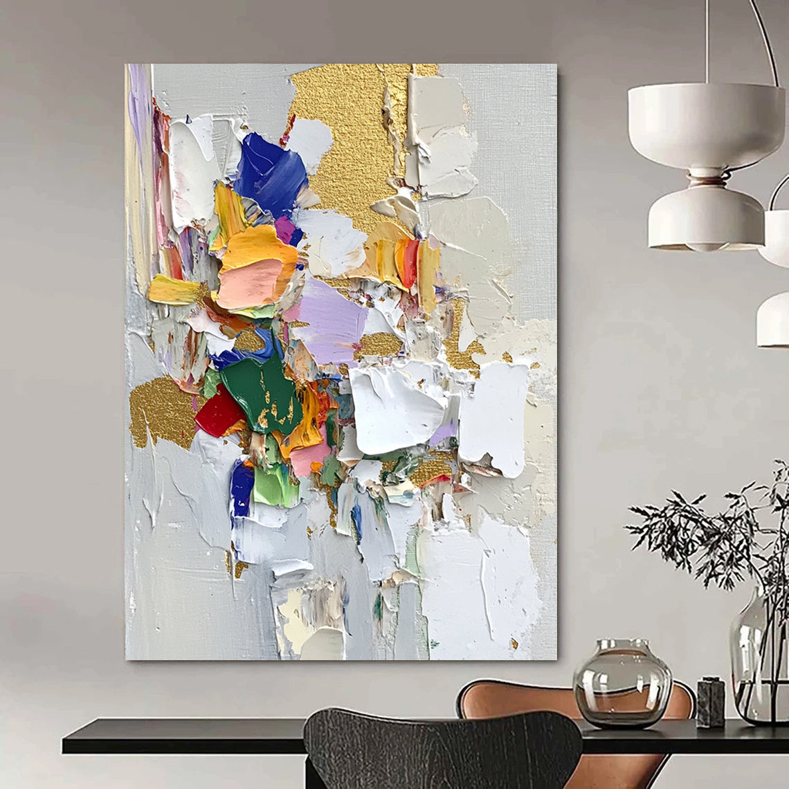 Contemporary abstract artwork featuring palette knife textures thick brush strokes and vibrant fabric pieces on textured paper with gold leaf highlights. DLZ0716