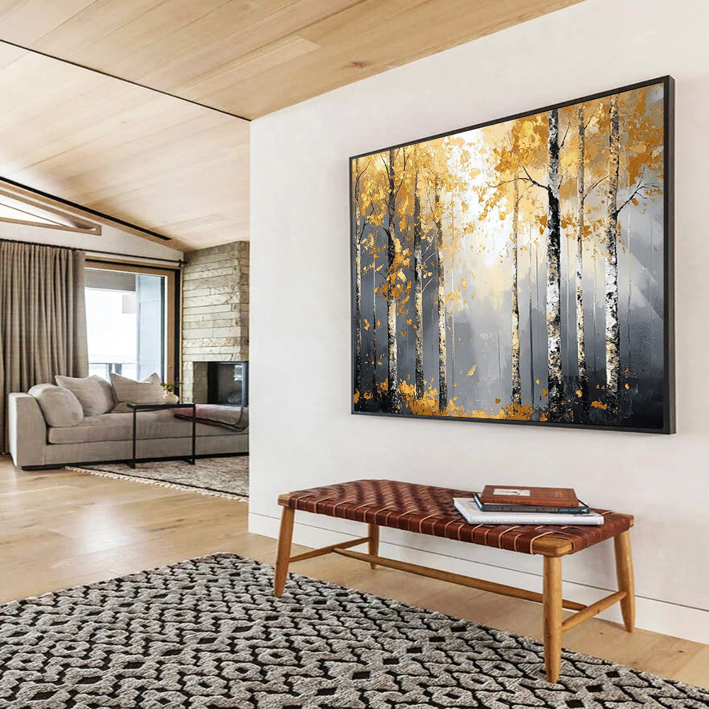 “Golden Birch Forest” - Gold, Gray, Birch Trees, Forest - Abstract Landscape Painting HB1682