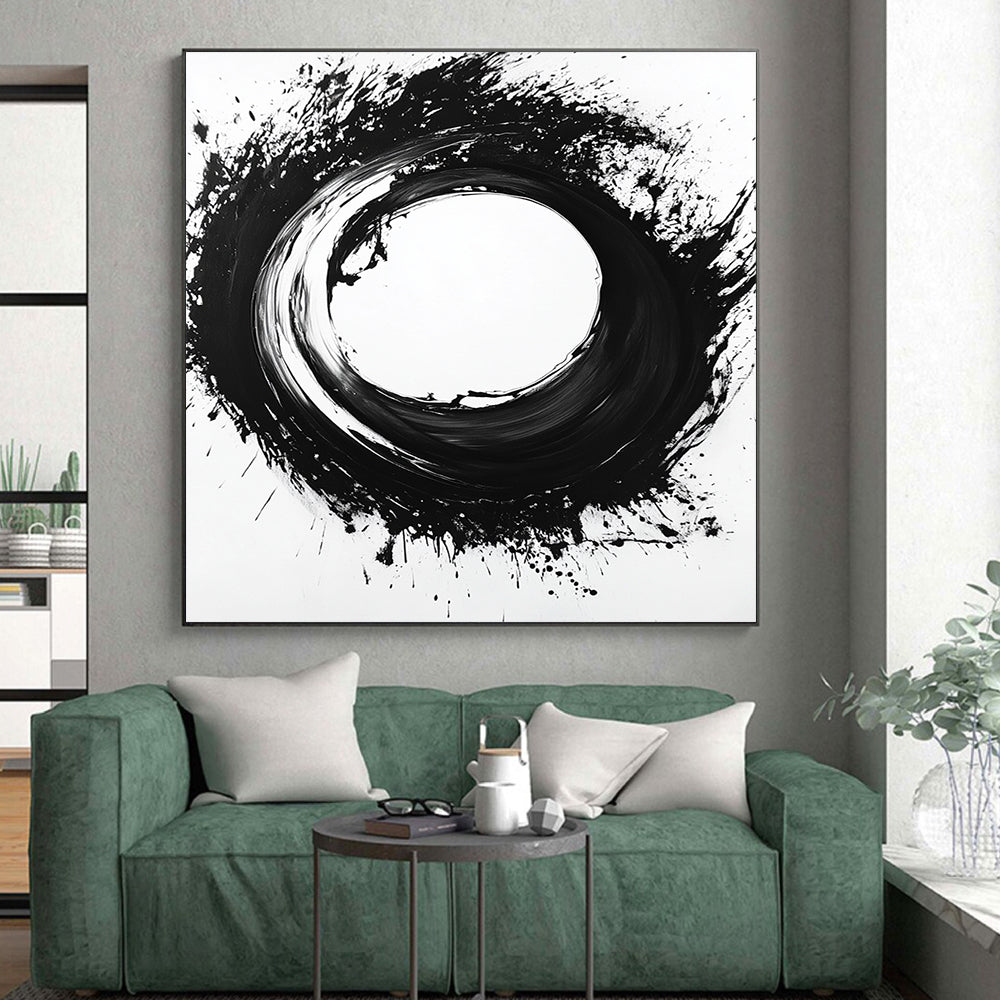 Black Circular Brushstroke on White - “Zen Enso Abstraction” Painting On Canvas HB215