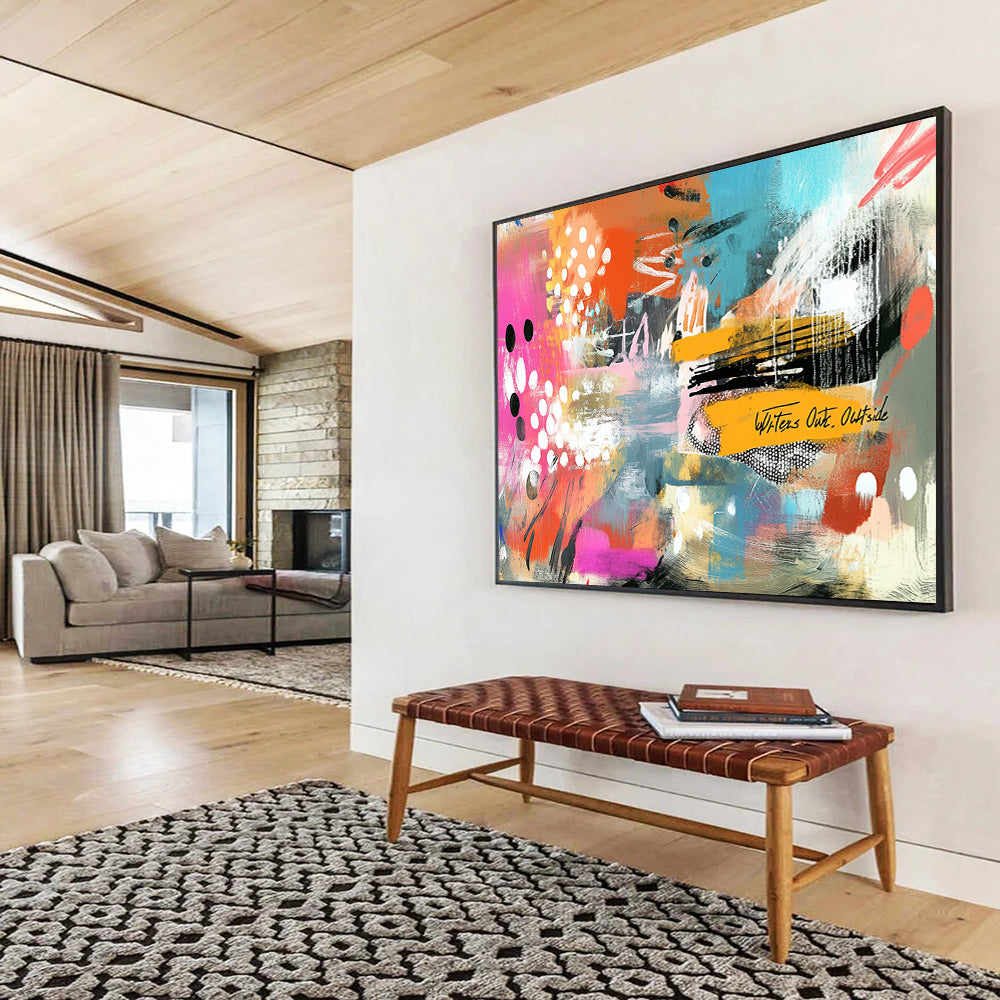 “Vibrant Abstract Collage” - Bold mix of pink, orange, blue with playful patterns, Contemporary Mixed - Media Painting On Canvas HB0539