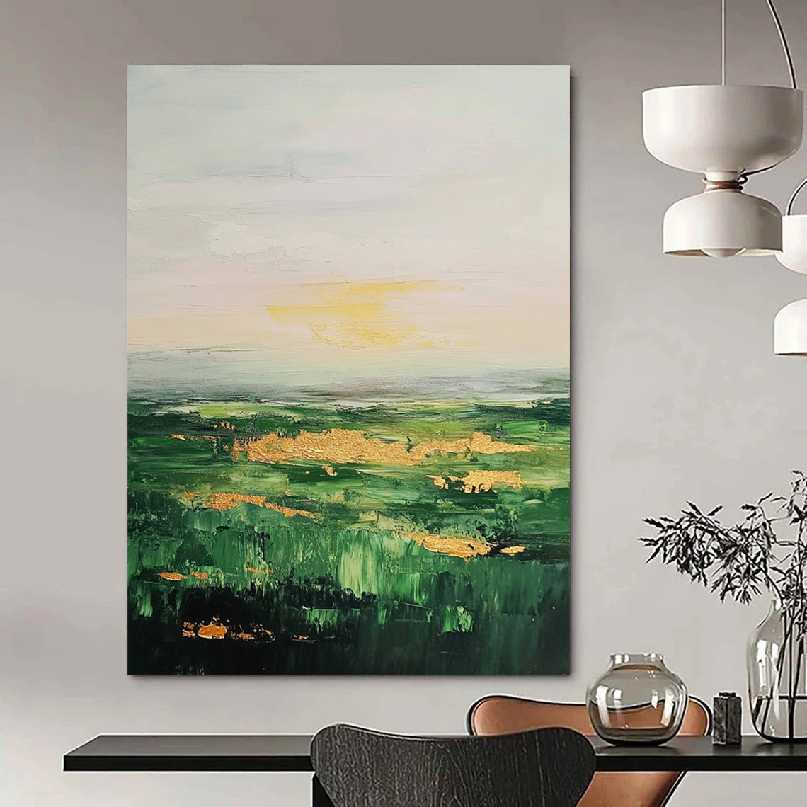Contemporary abstract art featuring lush green fields and serene sky adorned with neutral tones and elegant gold accents. DLZ0891
