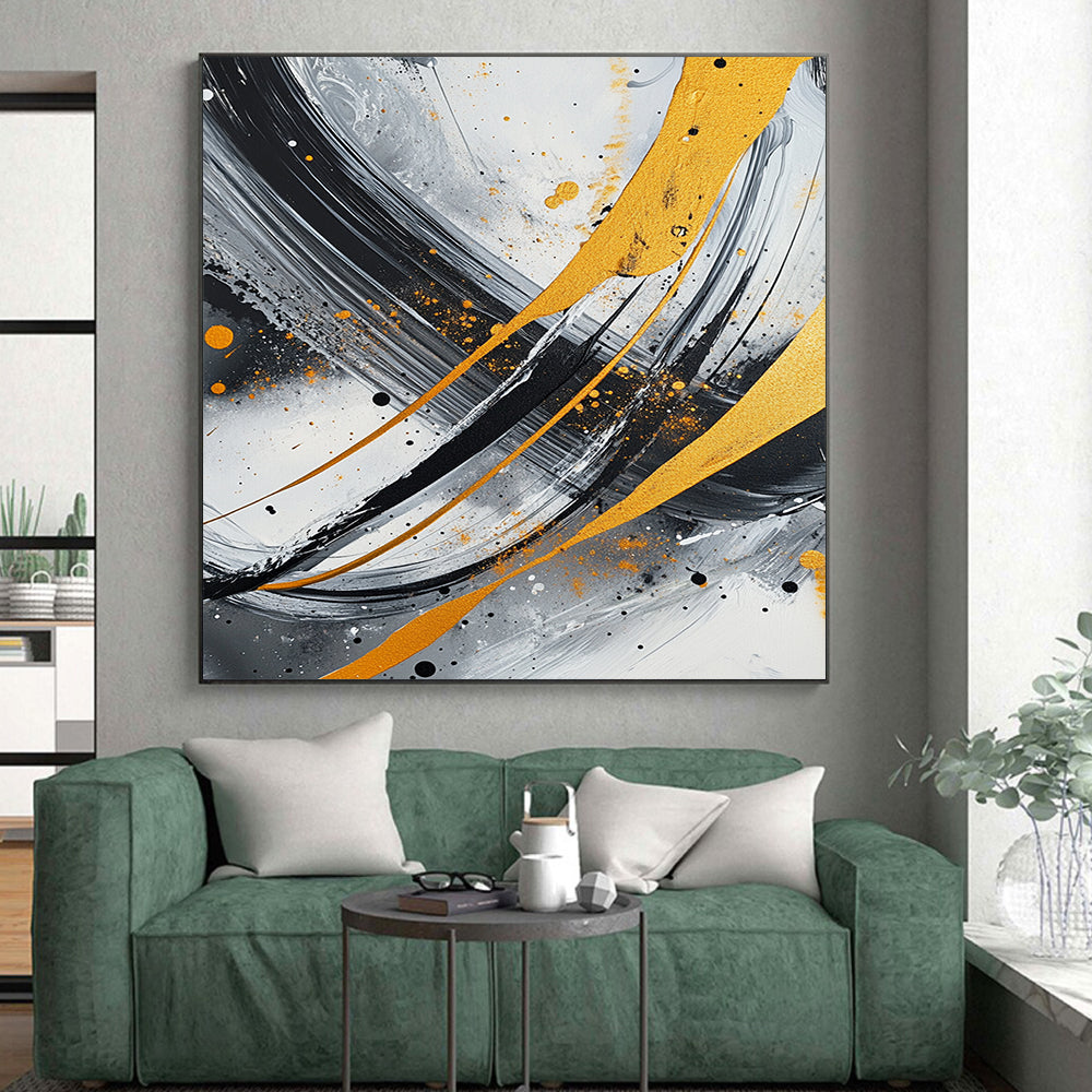 Gray, Black, White, Gold, Orange, Swirling Strokes "Fiery Galaxy" Abstract Cosmic - Inspired Painting On Canvas HB069