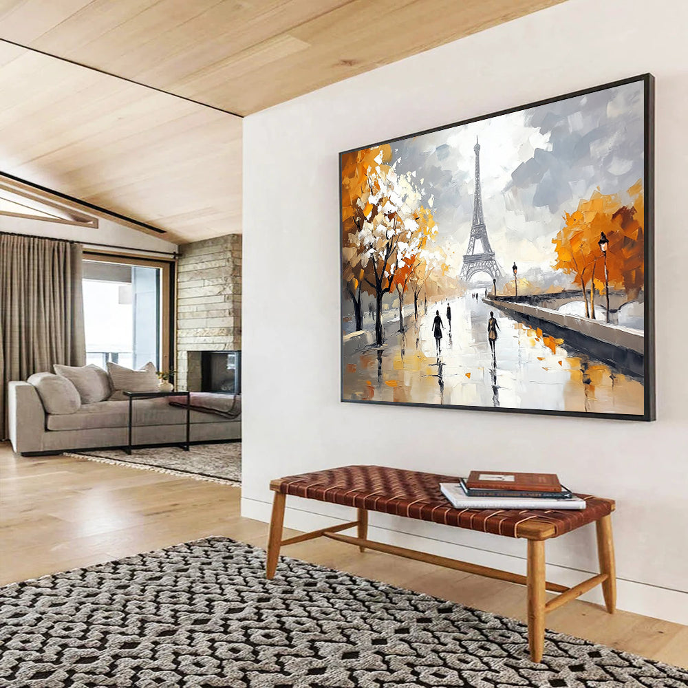 “Autumn in Paris” - Oranges, Grays, Whites, Eiffel Tower and Tree - Lined Path in Autumn - Impressionist Oil Painting HB1715