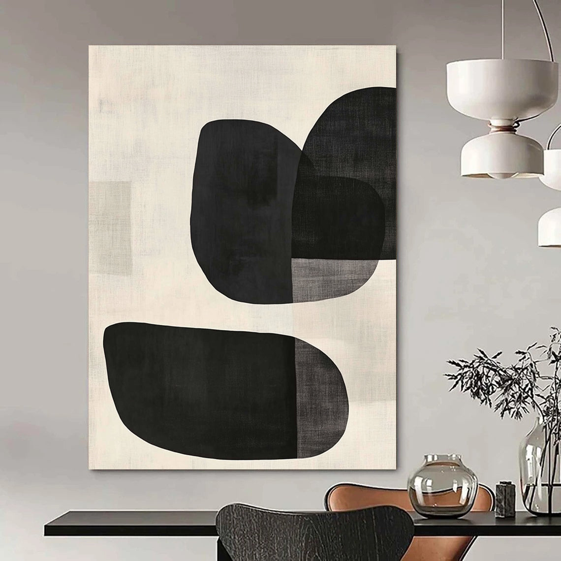 Large contemporary hand-painted abstract artwork features minimalist black and white design with curved oval shapes and textured background in soft tones. DLZ1338