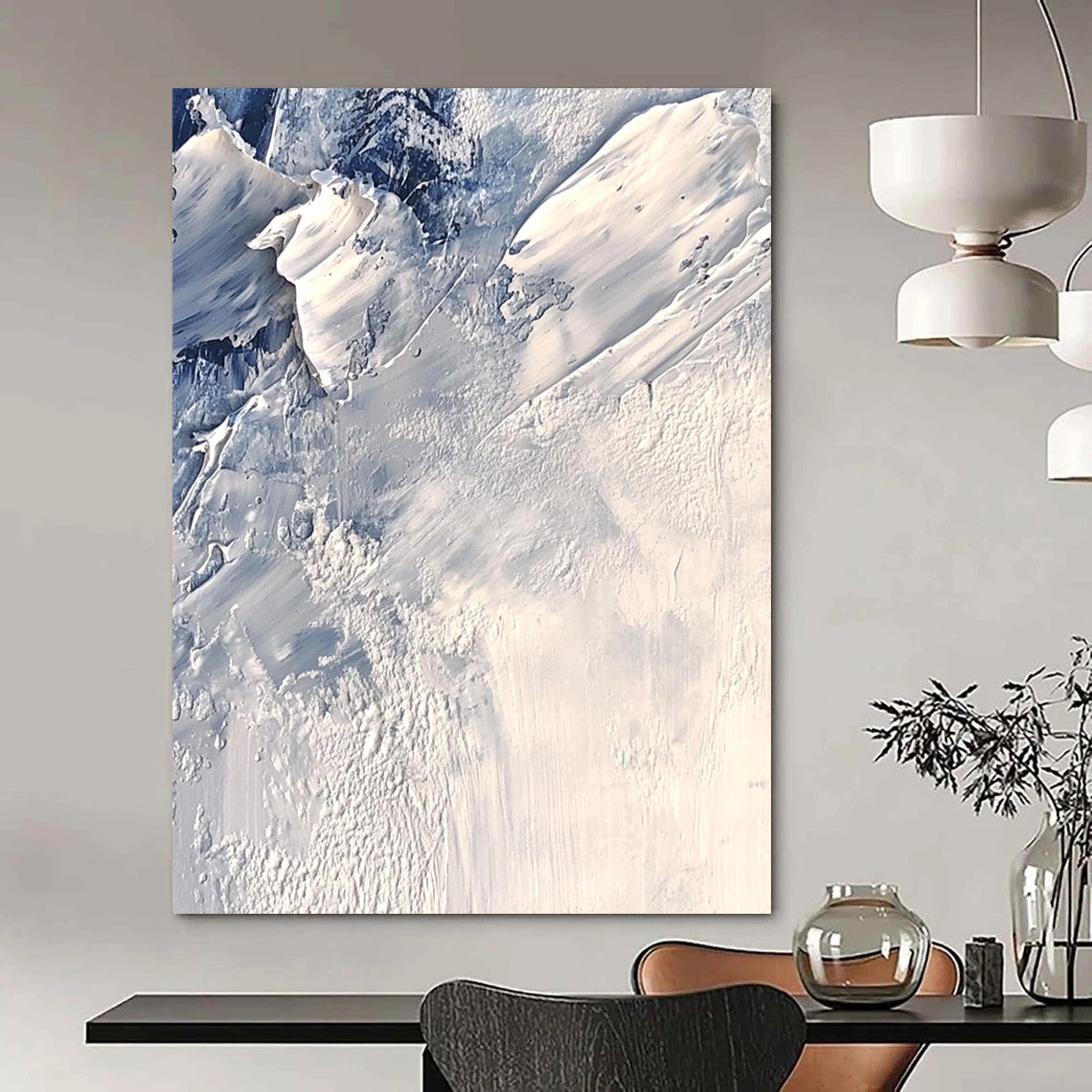 Contemporary abstract artwork features textured ice layers in shades of white and gray, evoking a cold atmosphere with intricate impasto details. DLZ0805